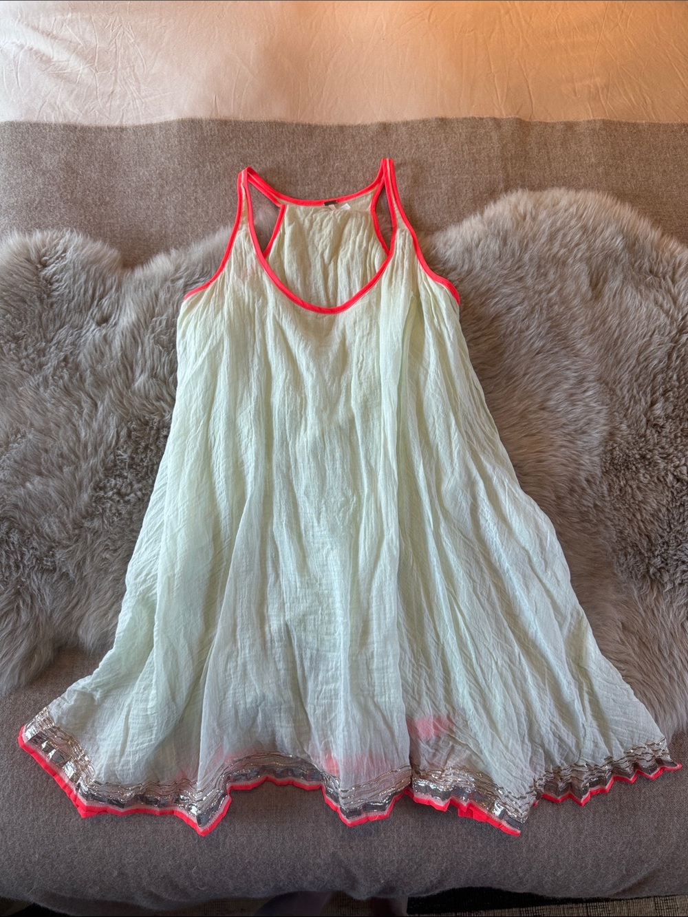 Free People Cream Swing Dress with Neon Pink Trim